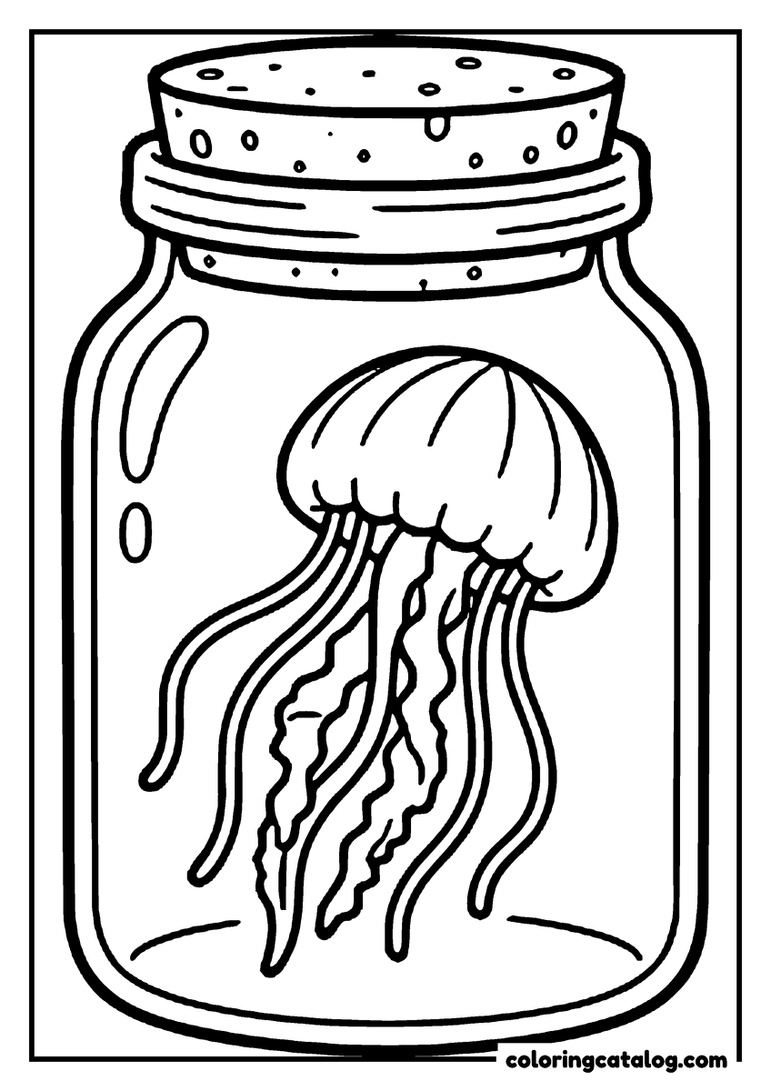 Printable coloring page: A jellyfish resting inside a glass jar with a cork lid
