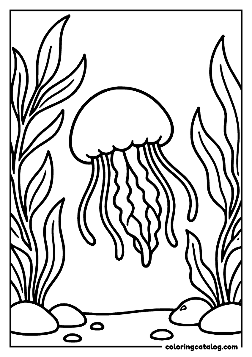 Free printable coloring sheet: A jellyfish swimming between tall kelp over the sea floor