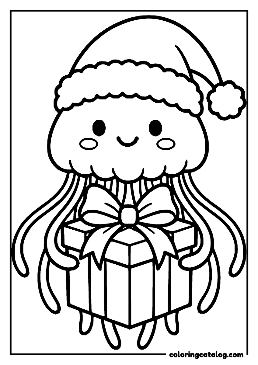 Coloring page: A jellyfish in a Santa hat holding a present with a bow