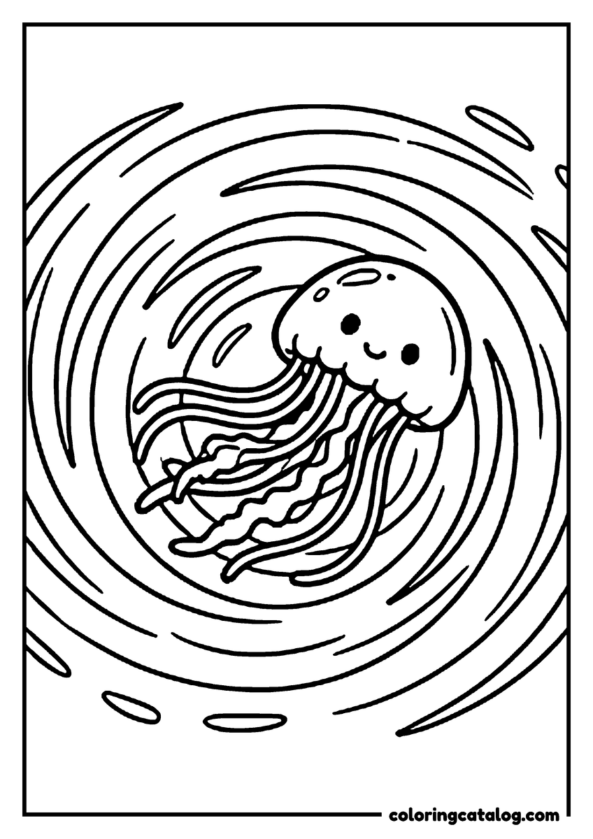 Coloring page: A jellyfish spinning in the middle of a whirlpool