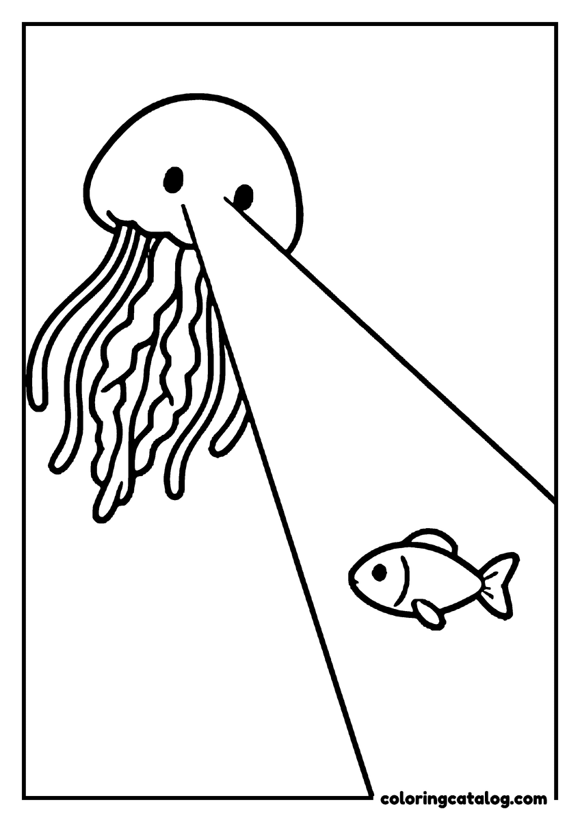 Free printable coloring sheet: A jellyfish shining a beam of light to guide a little fish