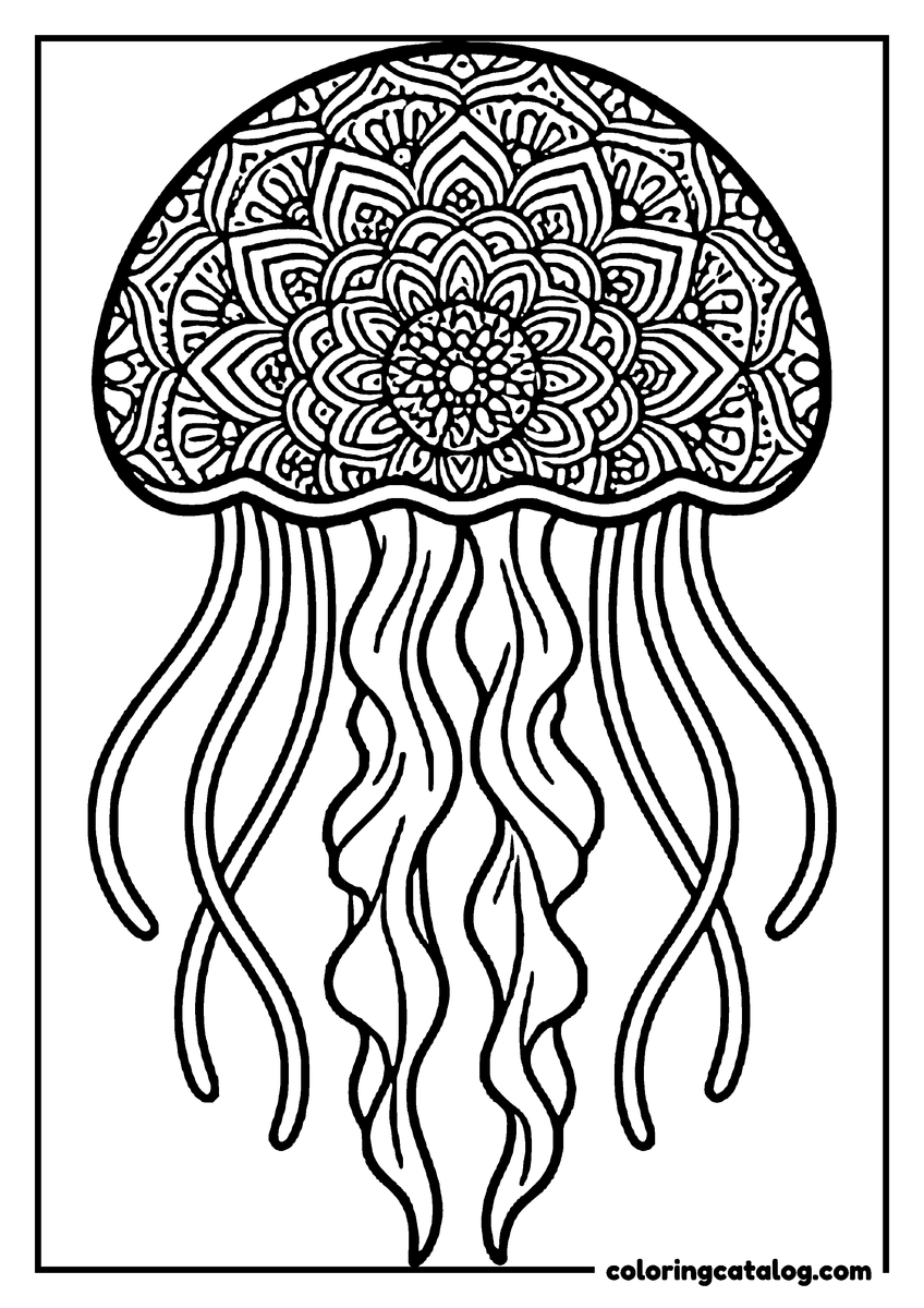 Free printable coloring sheet: A jellyfish with a bell filled with mandala patterns