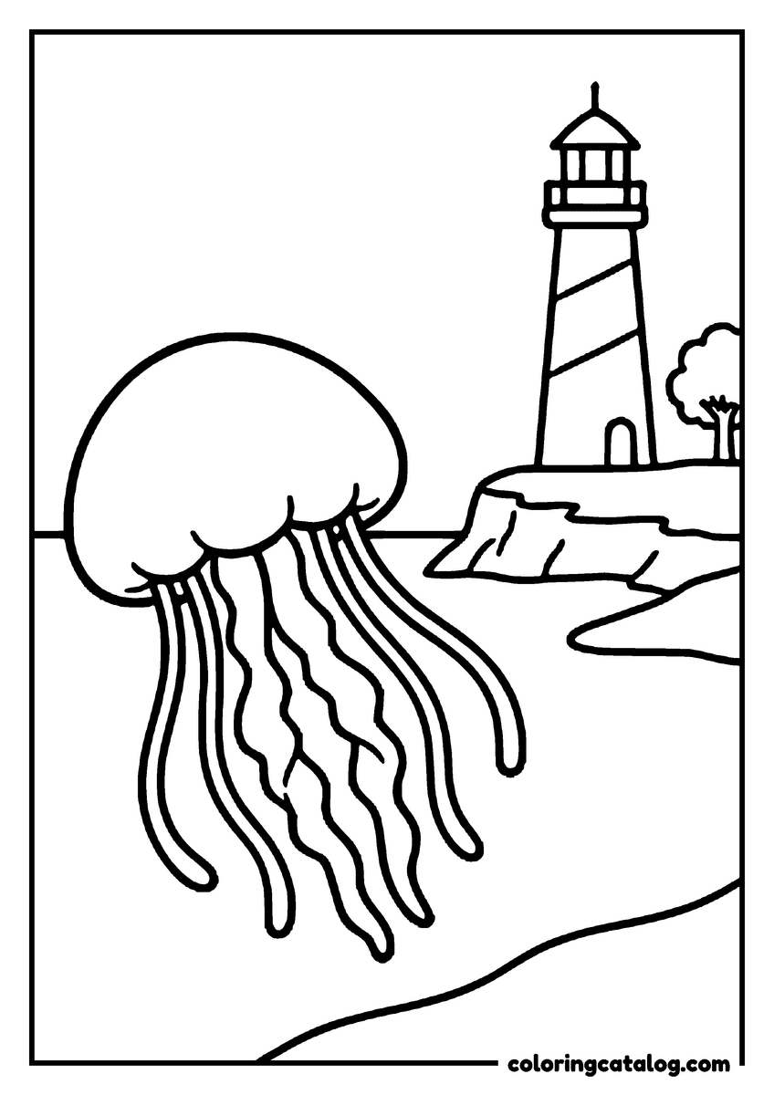 Free printable coloring sheet: A jellyfish drifting near the shore below a lighthouse