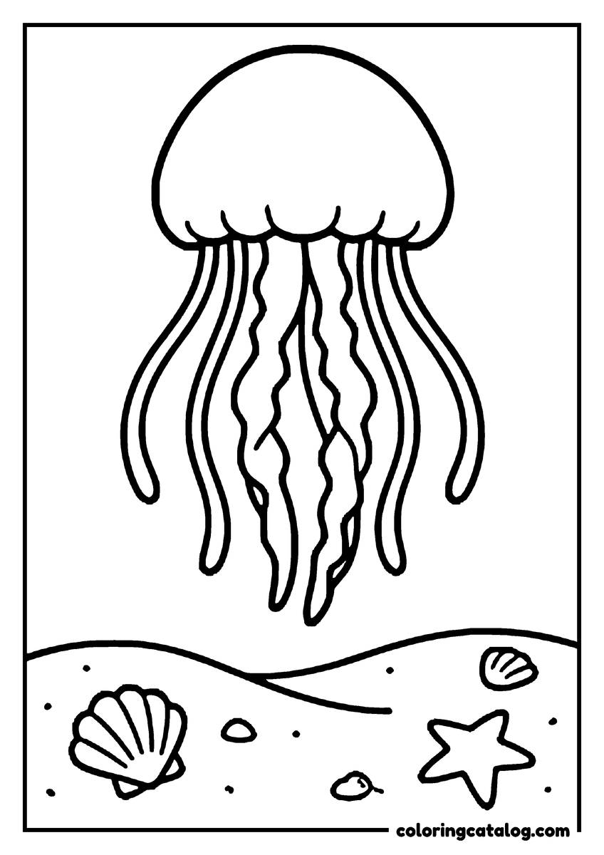 Coloring page: A jellyfish floating above a sandy sea floor with shells and a starfish