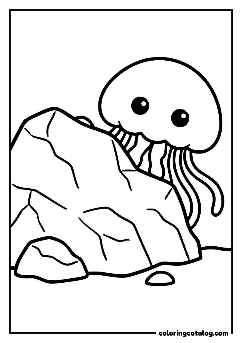 Coloring page: A wide-eyed jellyfish peeking out from behind a rock
