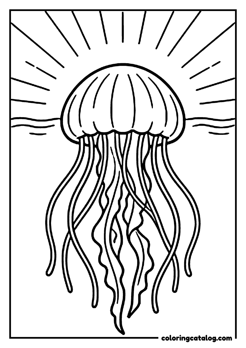 Printable coloring page: A jellyfish rising toward the sunlit surface of the sea