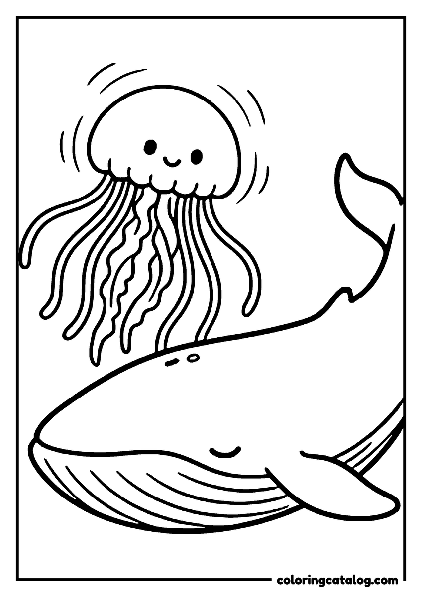 Printable coloring page: A jellyfish swimming above a smiling whale