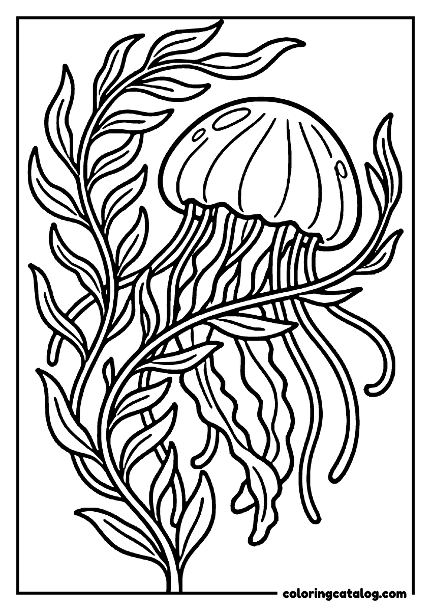 Free printable coloring sheet: A jellyfish drifting through tall swaying seaweed