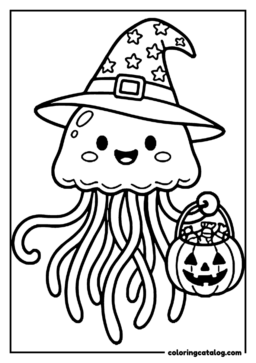 Free printable coloring sheet: A jellyfish in a starry witch hat carrying a pumpkin bucket of candy