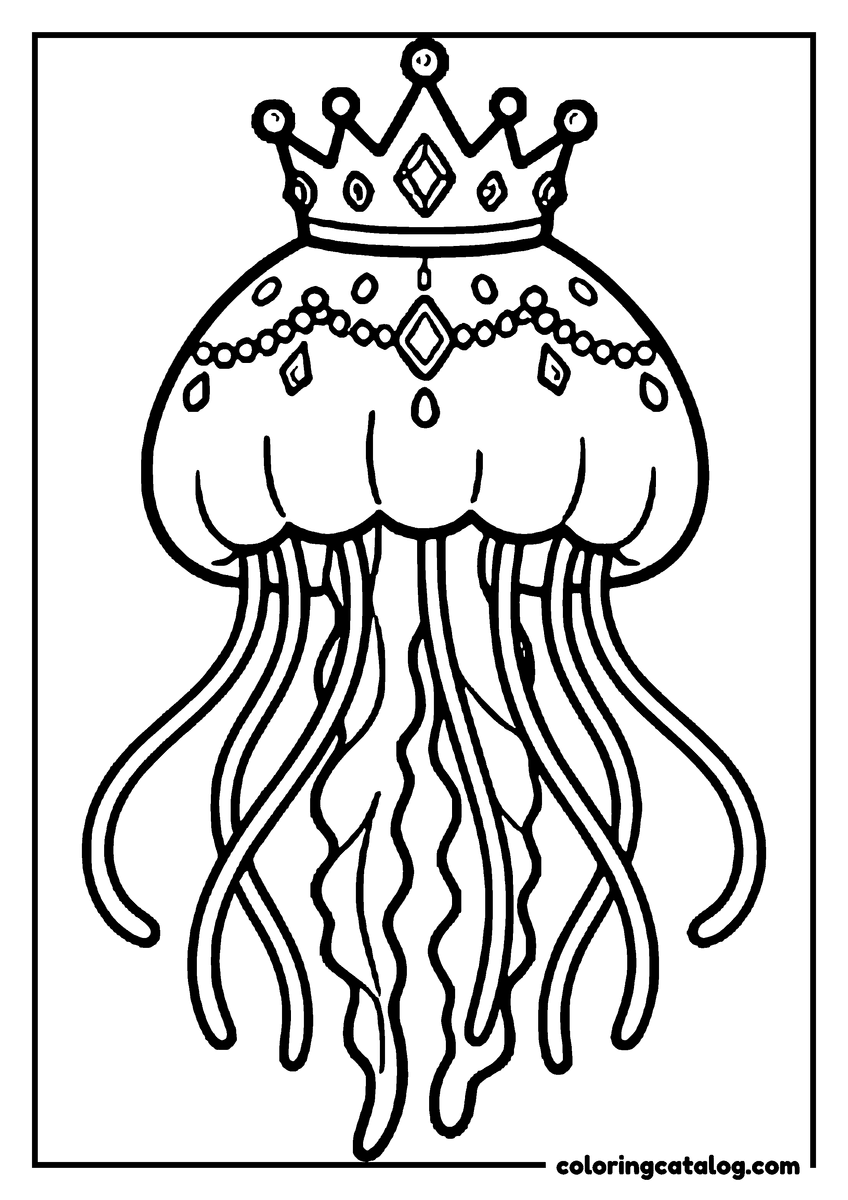 Free printable coloring sheet: A jellyfish wearing a jeweled crown with a string of gems on its bell