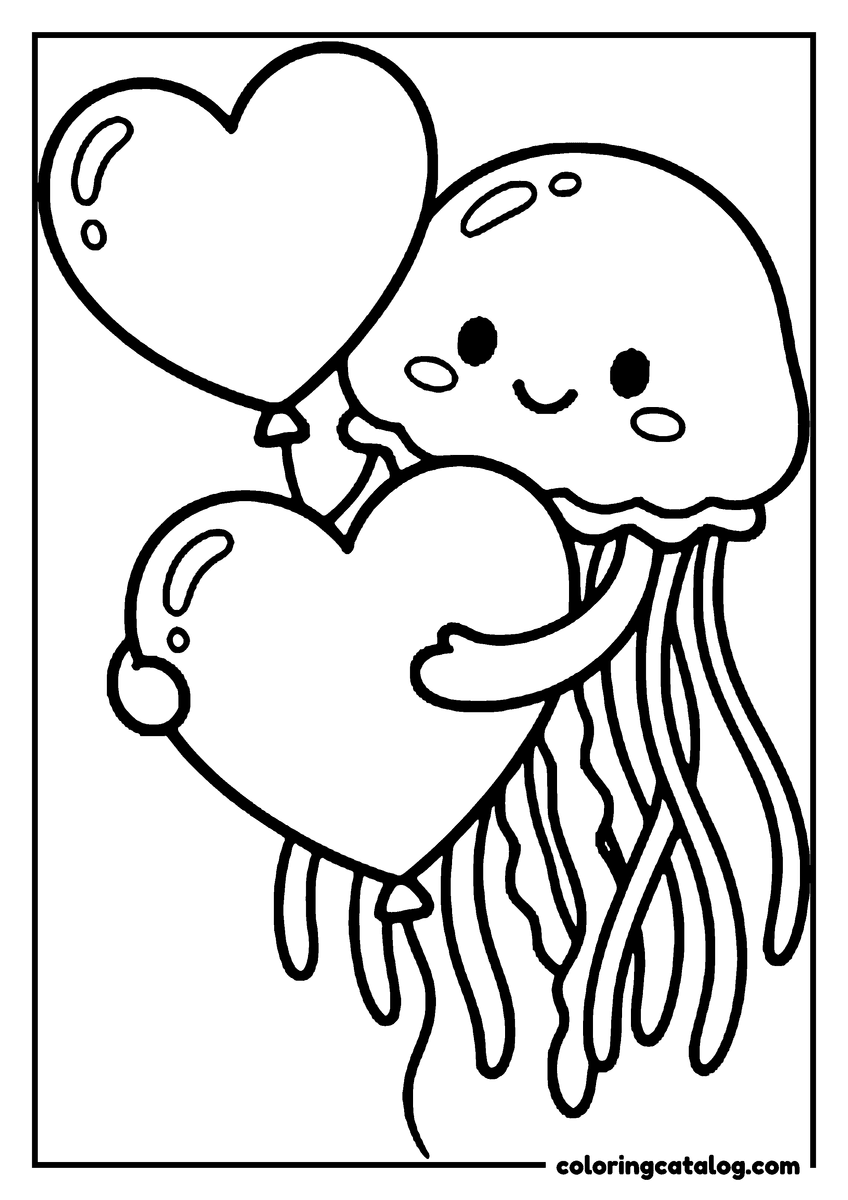 Free printable coloring sheet: A jellyfish hugging a heart with a heart balloon above