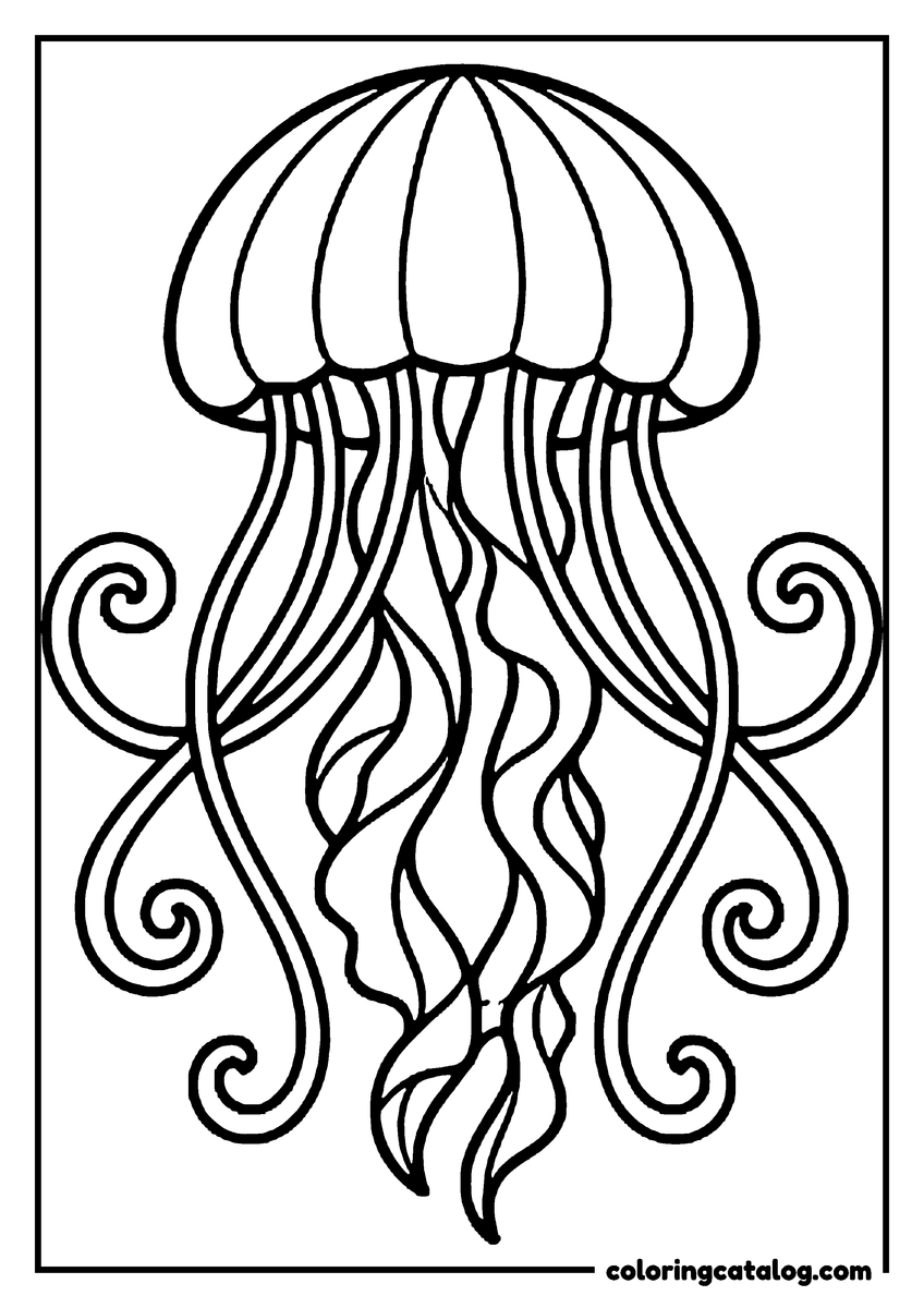 Printable coloring page: A jellyfish with curling ribbon tentacles that swirl at the ends