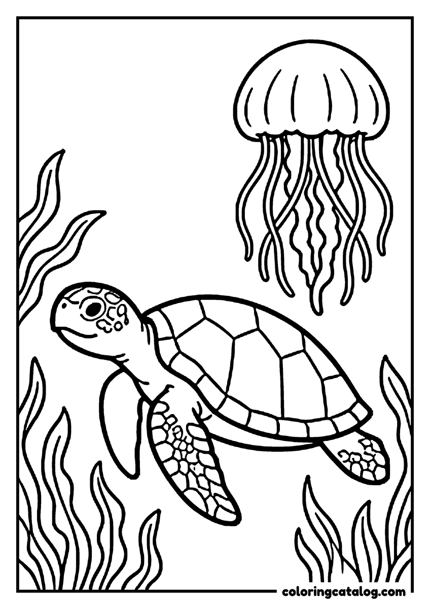 Printable coloring page: A sea turtle swimming beside a jellyfish among seaweed