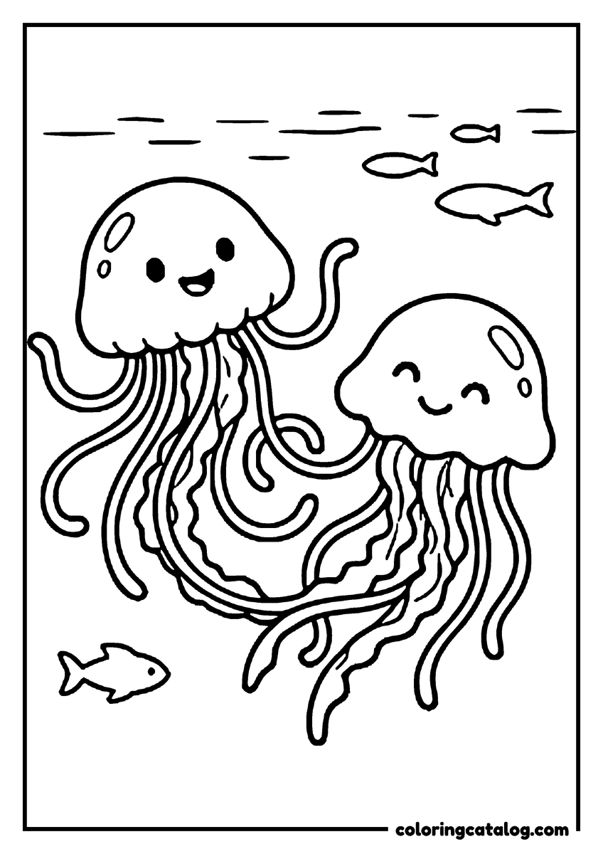 Coloring page: Two smiling jellyfish dancing in the open sea with little fish