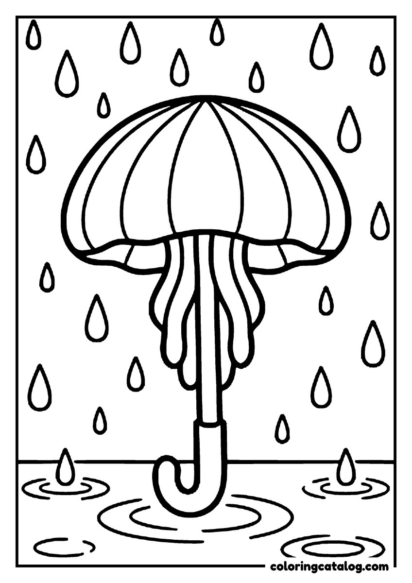Coloring page: A jellyfish shaped like an umbrella standing in the rain