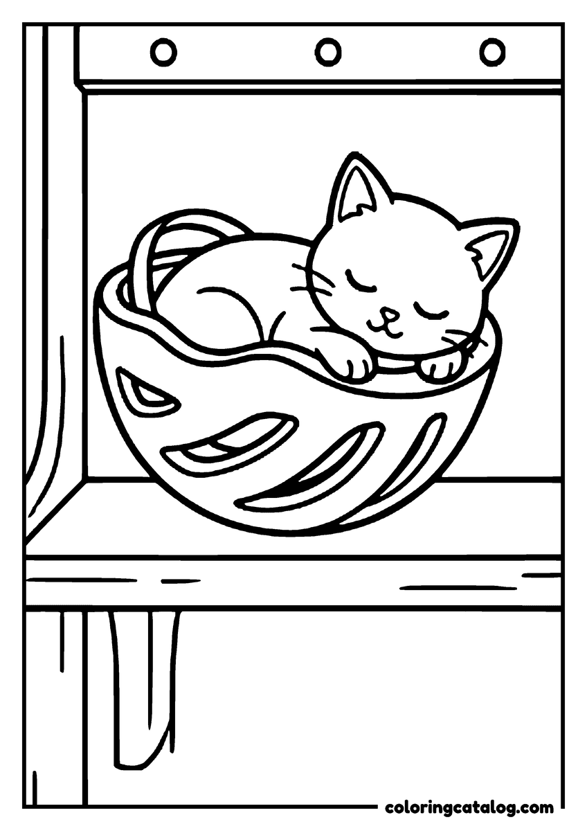 Coloring page: A kitten curled up asleep in a bowl on a wooden shelf