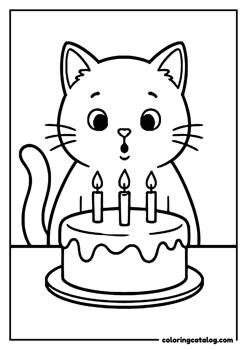 Free printable coloring sheet: A kitten puffing its cheeks to blow out three candles on a birthday cake