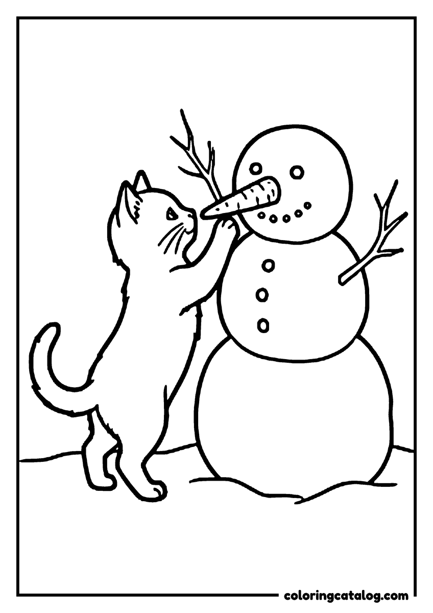 Free printable coloring sheet: A kitten stretching up to give a snowman its carrot nose