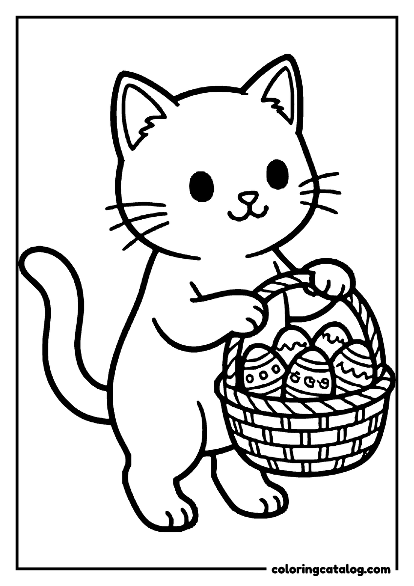 Coloring page: A kitten carrying a woven basket full of decorated Easter eggs