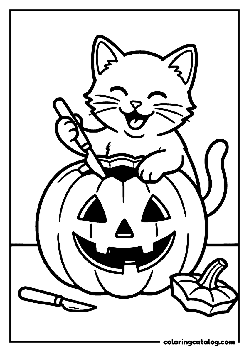 Free printable coloring sheet: A laughing kitten carving a jack o'lantern with a little knife and a cut-out piece beside it