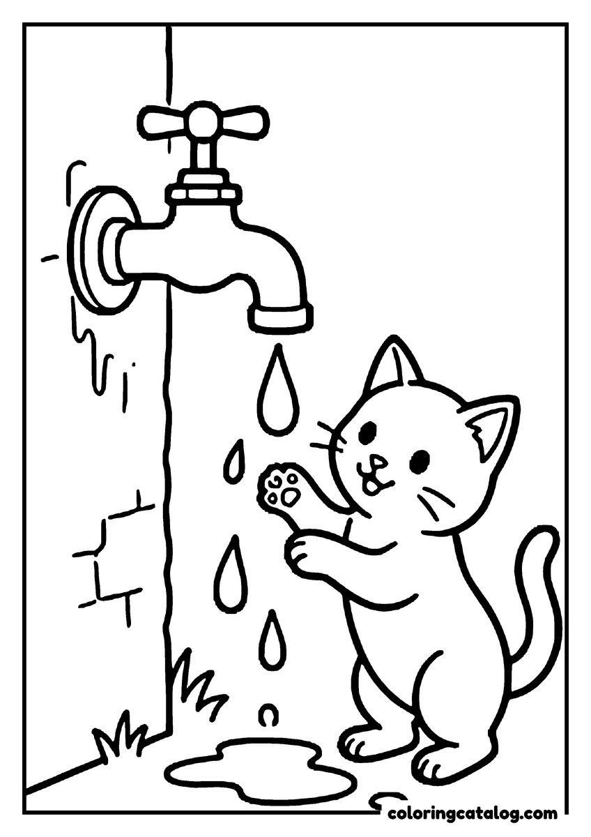 Printable coloring page: A kitten reaching a paw toward water dripping from an outdoor faucet