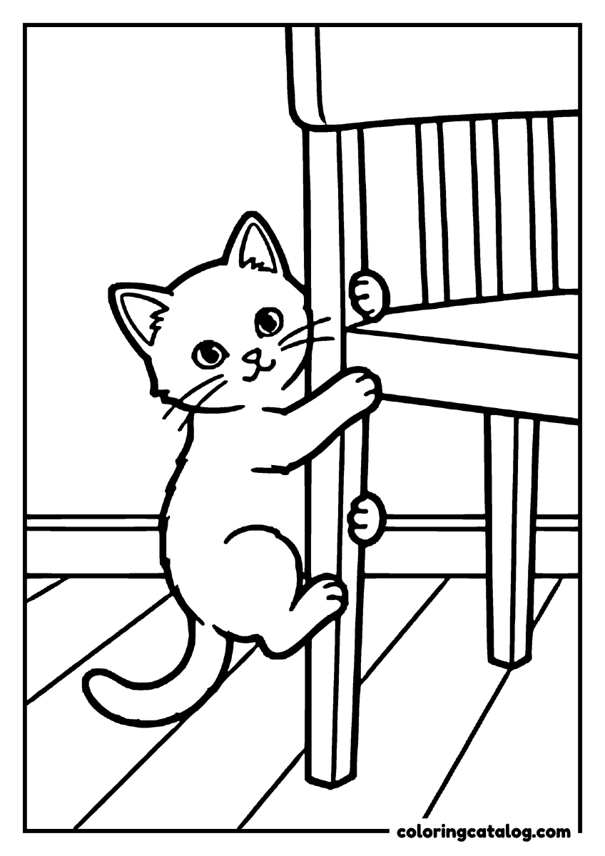 Free printable coloring sheet: A kitten hugging a wooden chair leg as it climbs up from the floor