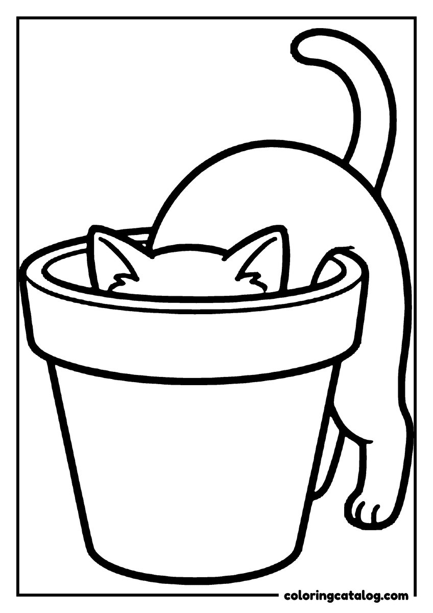 Free printable coloring sheet: A kitten diving head first into a big flower pot with only its tail sticking out