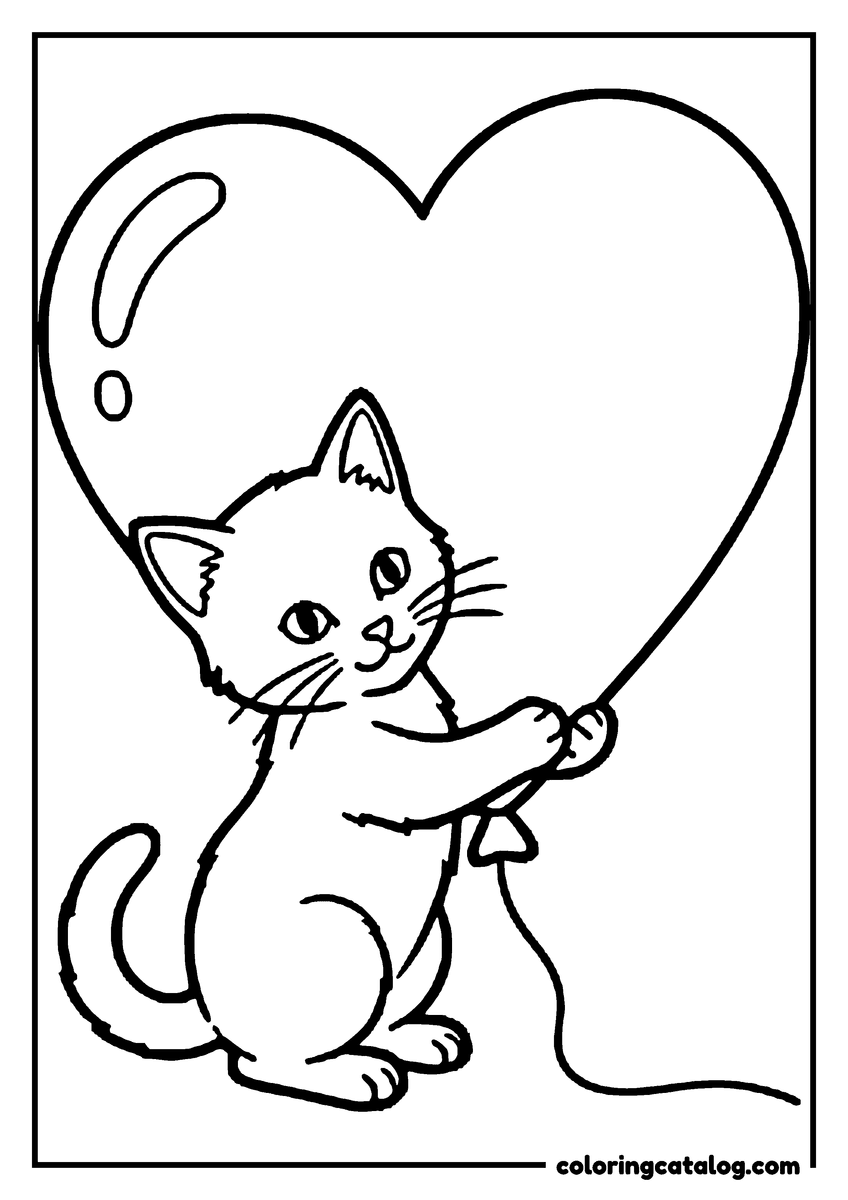Free printable coloring sheet: A kitten holding the string of a big heart shaped balloon