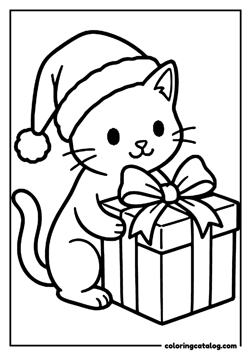 Coloring page: A kitten in a Santa hat hugging a wrapped present with a big bow