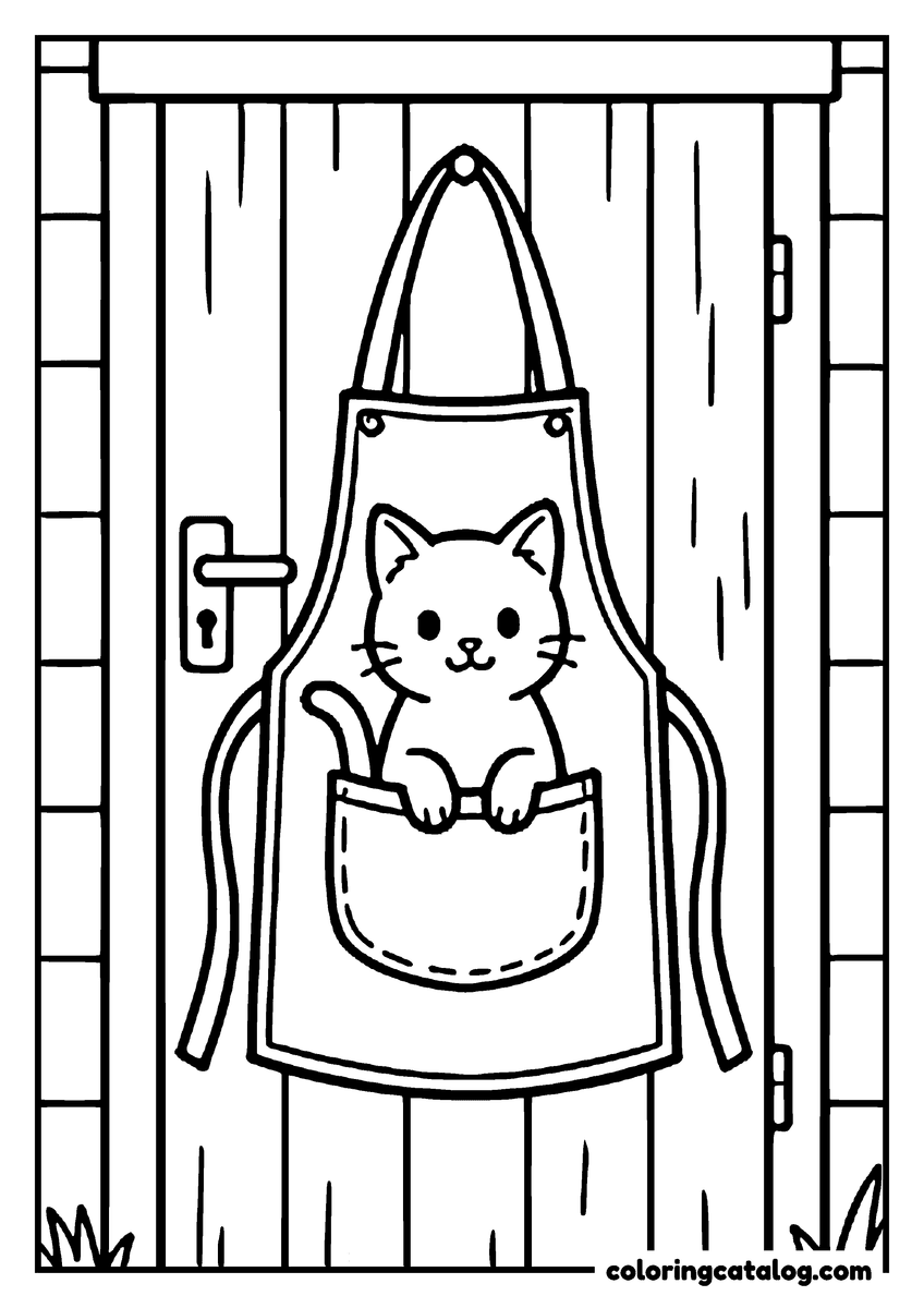 Free printable coloring sheet: A kitten tucked into the front pocket of an apron hanging on a wooden door