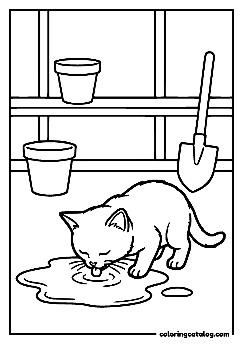 Free printable coloring sheet: A kitten lapping water from a puddle in a garden shed with flower pots and a shovel