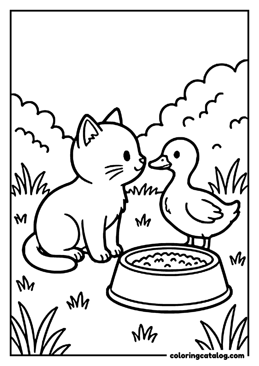 Coloring page: A kitten and a duckling nose to nose beside a food bowl in the grass
