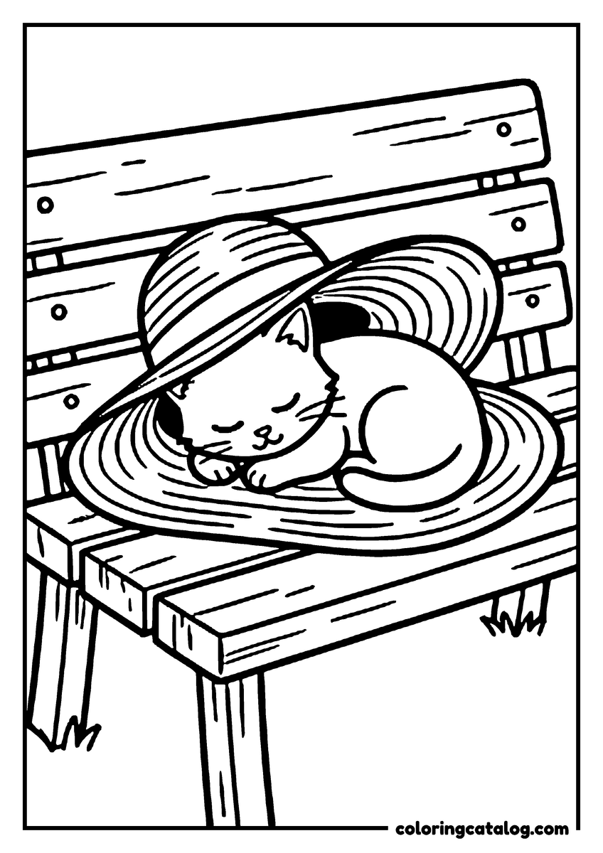 Free printable coloring sheet: A kitten sleeping inside a wide straw sun hat on a garden bench