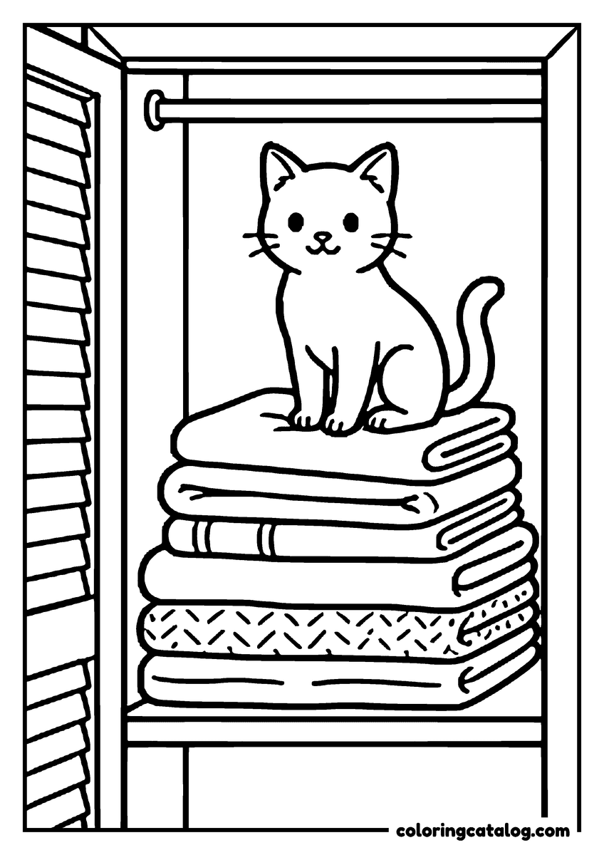 Free printable coloring sheet: A kitten sitting on top of a pile of folded towels in a closet