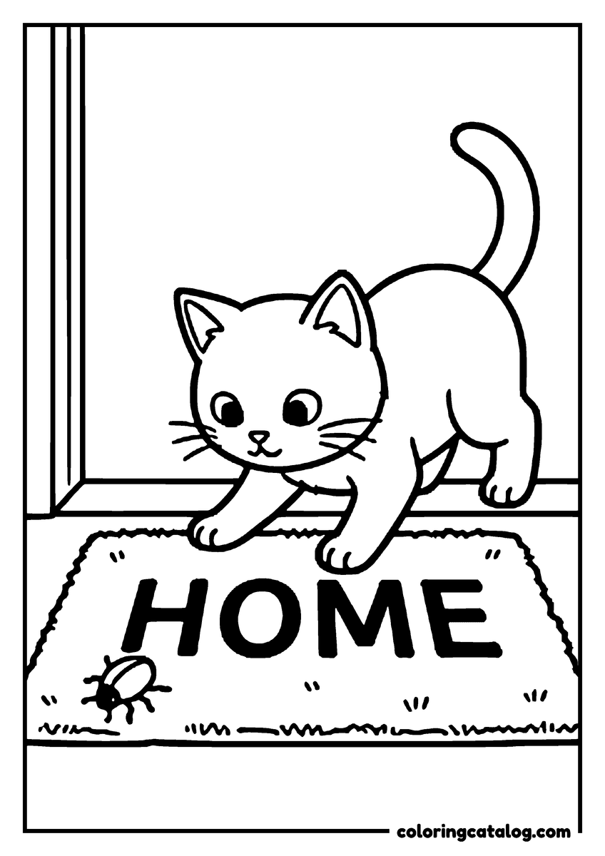 Coloring page: A kitten stepping onto a doormat with the word HOME and a little beetle on it