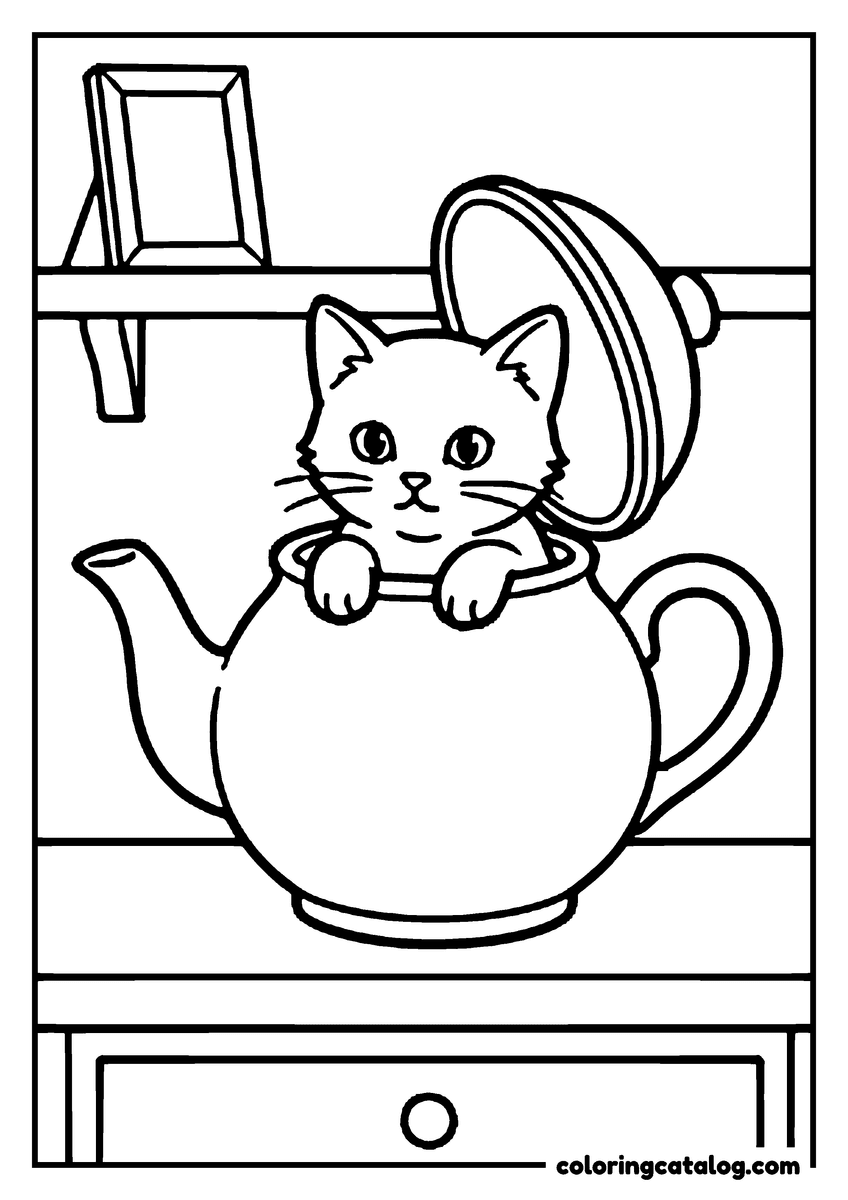 Printable coloring page: A kitten peeking out of a round teapot under its lifted lid on a kitchen shelf