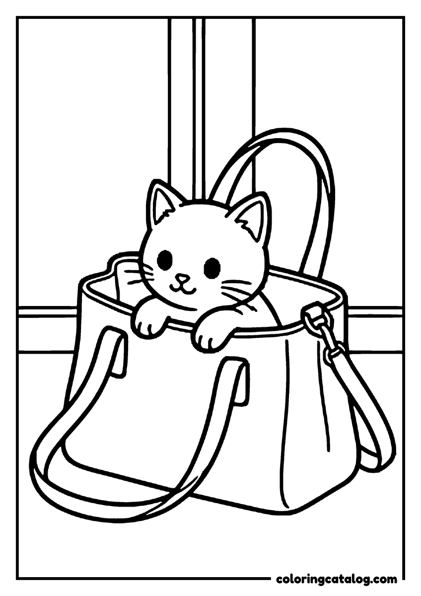 Coloring page: A kitten peeking out of a big tote bag with long handles