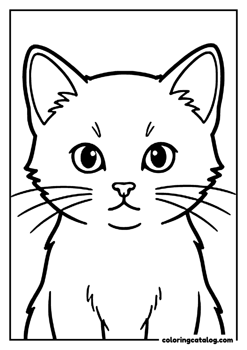 Printable coloring page: A fluffy kitten sitting upright and looking straight ahead with big round eyes