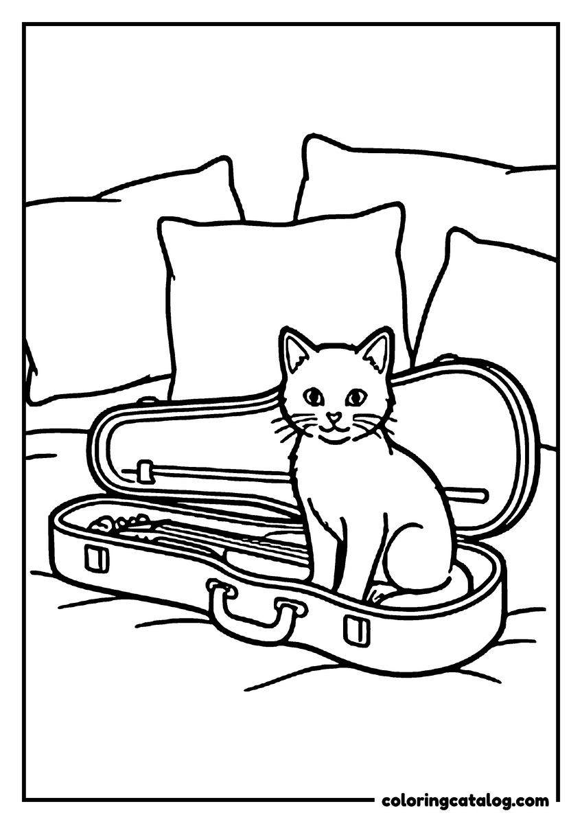 Printable coloring page: A kitten sitting in an open violin case on a cushioned sofa