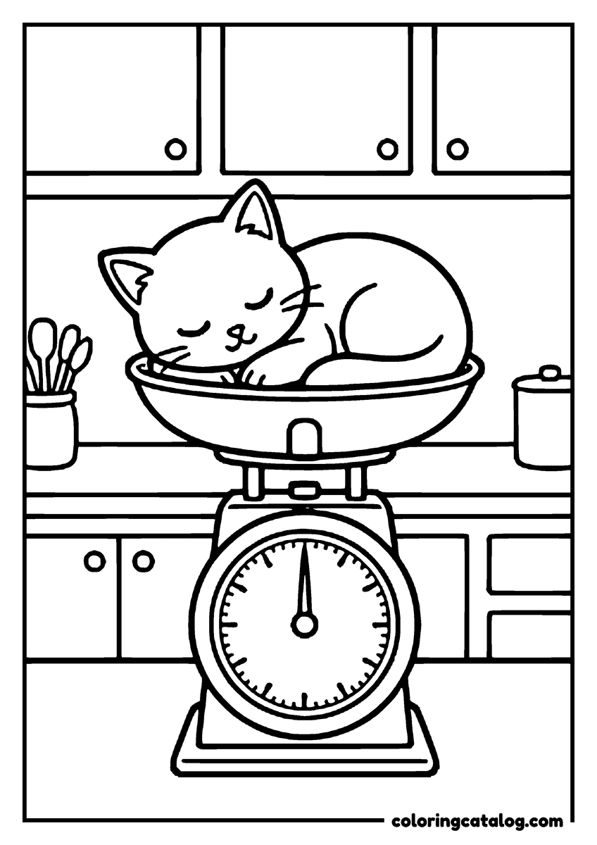 Coloring page: A kitten fast asleep in the bowl of a kitchen scale on the counter