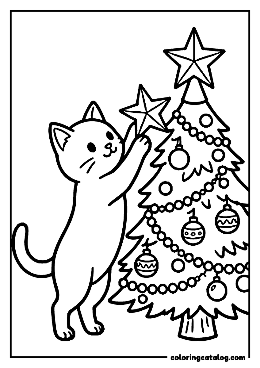 Printable coloring page: A kitten standing on its hind legs to put a star on a decorated Christmas tree