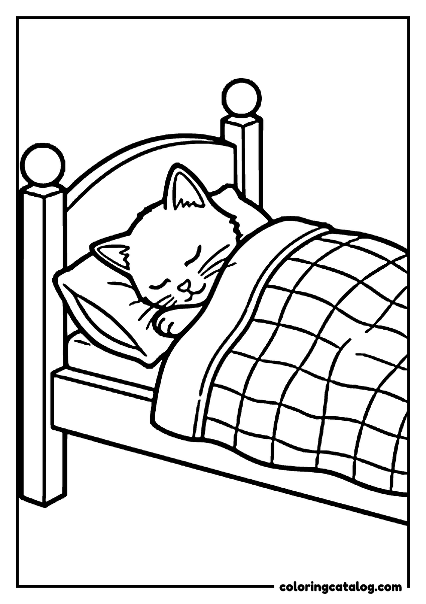 Free printable coloring sheet: A kitten asleep in a bed with its head on a pillow under a checked quilt