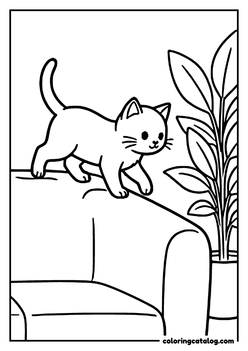 Printable coloring page: A kitten tiptoeing along the back of a sofa next to a potted plant
