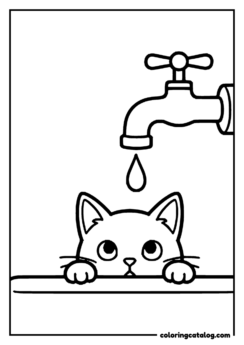 Printable coloring page: A kitten peeking over the edge of a sink at a drop falling from the tap