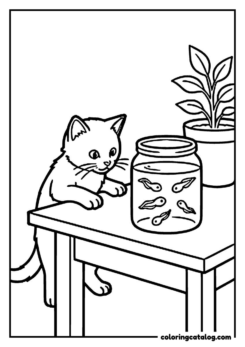 Coloring page: A kitten on a table peering into a glass jar of swimming tadpoles
