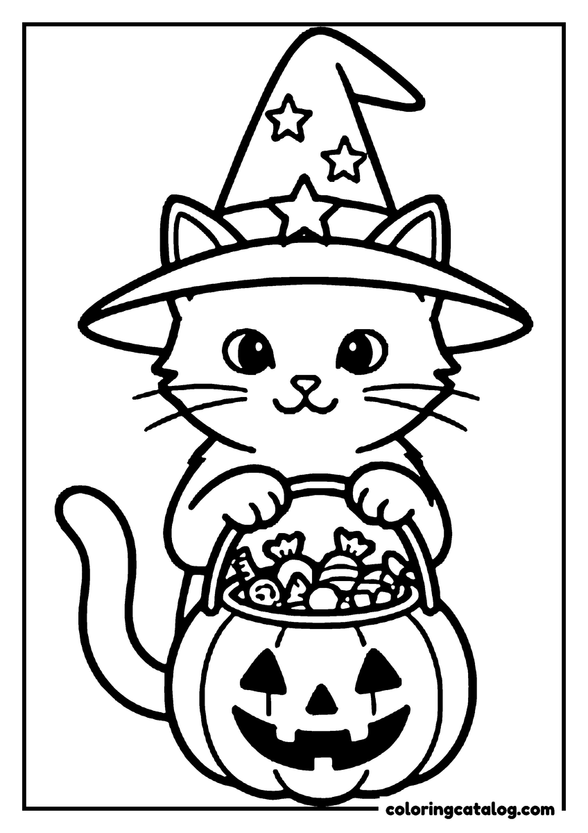 Coloring page: A kitten in a starry witch hat holding a jack o'lantern bucket full of candy