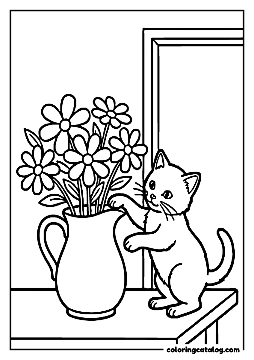 Printable coloring page: A kitten reaching up to a jug full of daisies on a windowsill