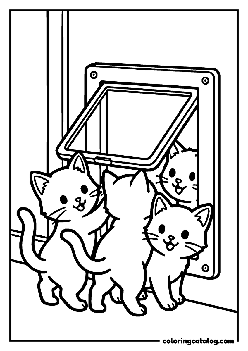 Printable coloring page: Four kittens crowding around a cat flap in the door