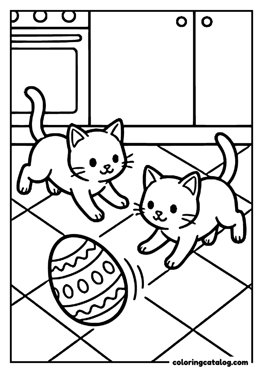 Coloring page: Two kittens chasing a decorated Easter egg across a tiled kitchen floor