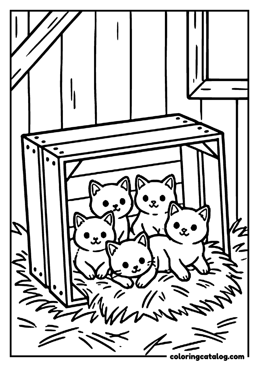 Free printable coloring sheet: Five kittens huddled in a wooden crate filled with straw